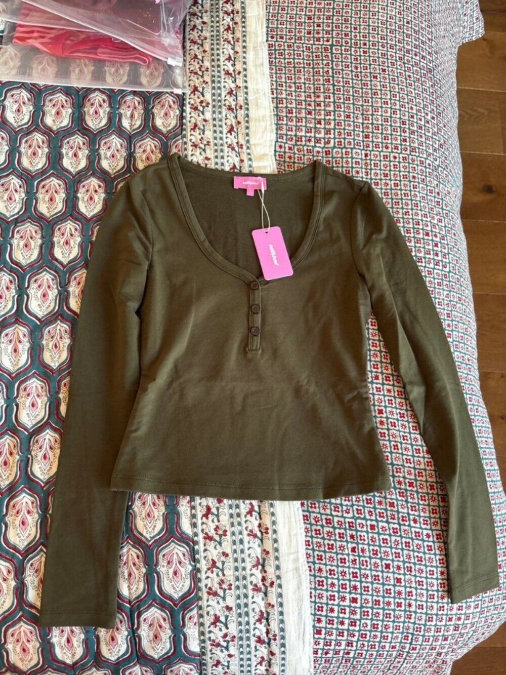 Khaki Ribbed Long Sleeve Henley Top Size S